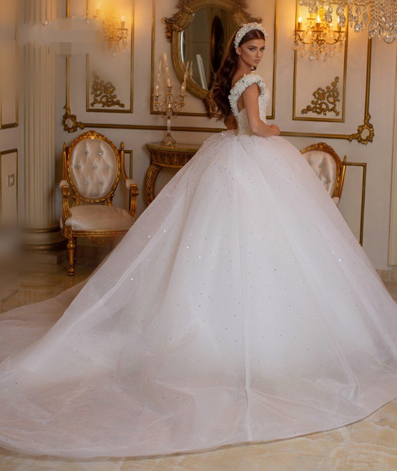 Glamorous Long Off the Shoulder Beading Tulle Ball Gown Wedding Dress