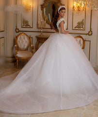 Glamorous Long Off the Shoulder Beading Tulle Ball Gown Wedding Dress