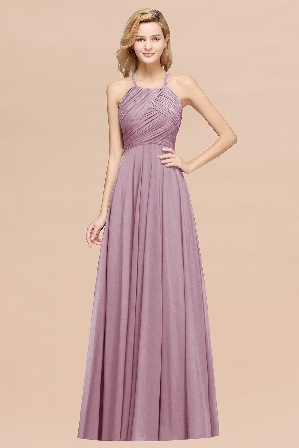 A-Line Chiffon Halter Ruffles Floor Length Bridesmaid Dress