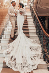 Long Mermaid V-neck Satin Lace Backless Wedding Dress with Sleeves