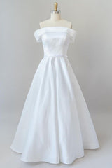 Elegant Long Off the Shoulder Satin A-line White Wedding Dress