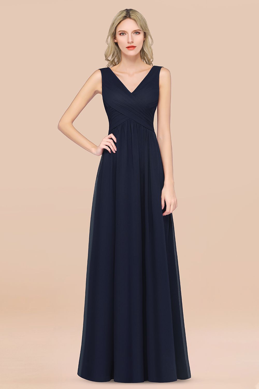 A-Line Chiffon Straps V-Neck Sleeveless Floor Length Bridesmaid Dress with Ruffles