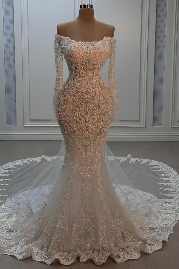 Elegant Strapless Long Sleeve Lace Floor Length Mermaid Wedding Dress