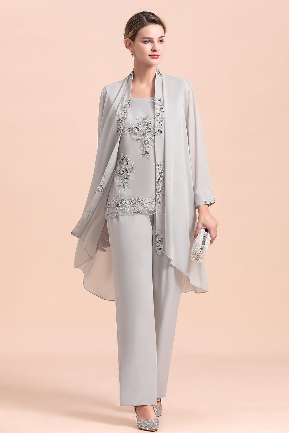 Glamorous Appliques Sleeveless Silver Chiffon Mother of Bride Jumpsuit With Wrap