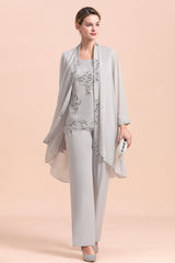 Glamorous Appliques Sleeveless Silver Chiffon Mother of Bride Jumpsuit With Wrap