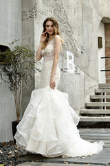 Elegant Long V-neck Appliques Lace Mermaid Wedding Dress