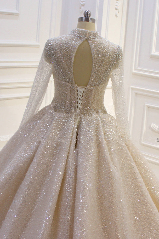 Gorgeous High Neck Long Sleeves Sequin Satin Ball Gown Wedding Dress