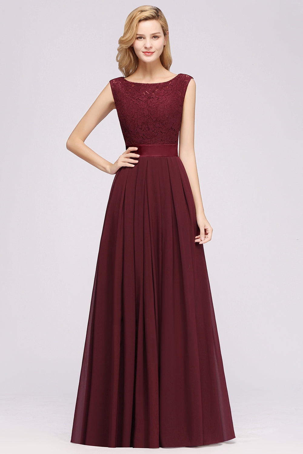 A-line Chiffon Lace Jewel Sleeveless Ruffles Floor Length Bridesmaid Dress