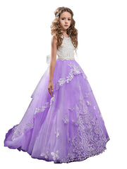 Princess Pageant Lace Tulle Sleeveless Jewel Neck Flower Girl Dresses