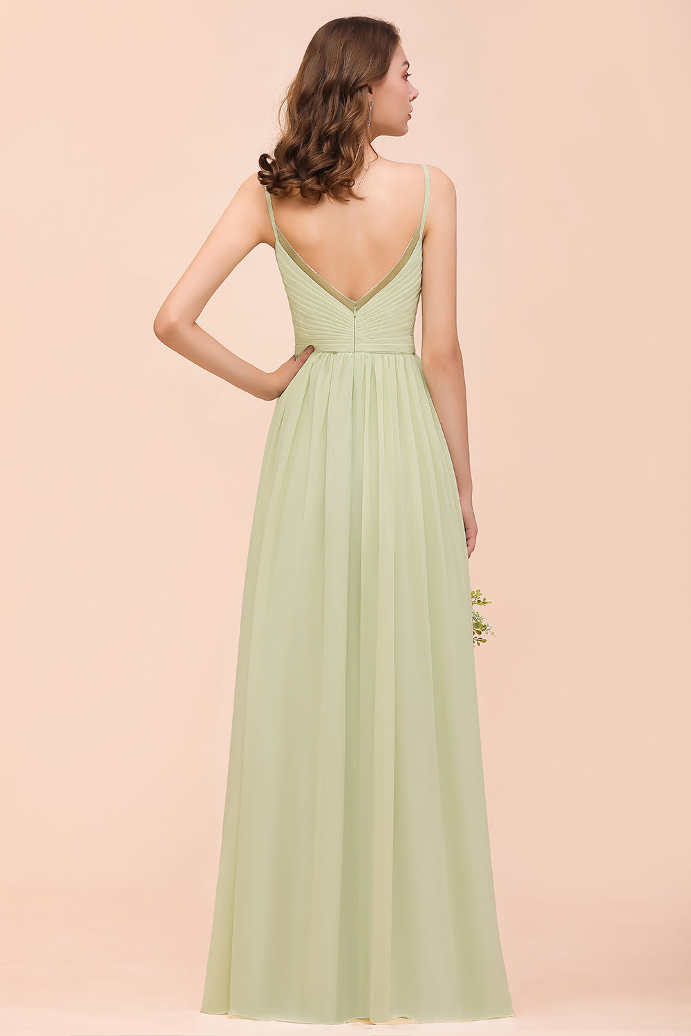 Long A-line V-neck Chiffon Sage Open Back Bridesmaid Dress