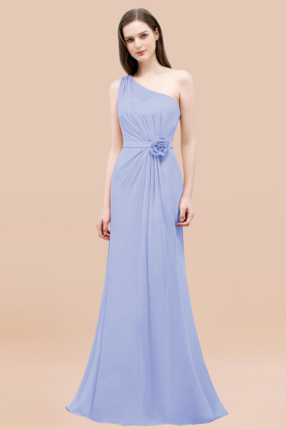 Mermaid Chiffon One Shoulder Sleeveless Ruffled Floor Length Bridesmaid Dresses with Flower