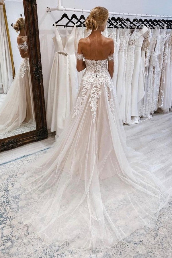 Boho Long A-line Off the Shoulder Tulle Lace Backless Wedding Dresses