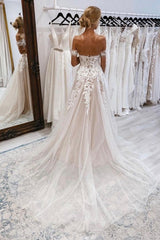 Boho Long A-line Off the Shoulder Tulle Lace Backless Wedding Dresses