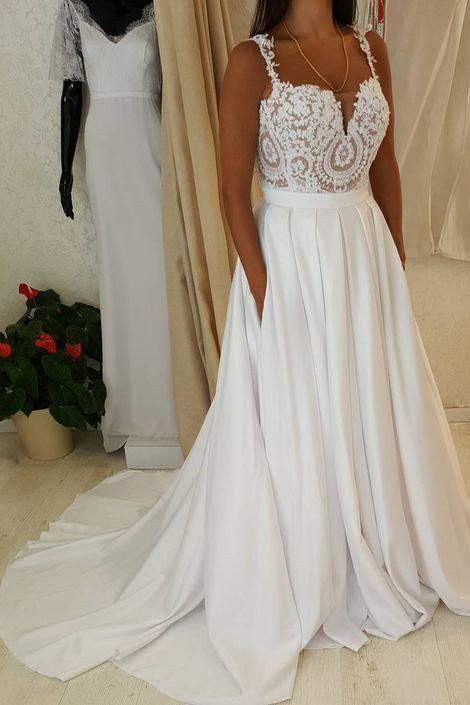 Long Spaghetti Strap Lace A-line Sweetheart Beach Wedding Dress with Pockets