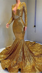 Gorgeous Mermaid Sequins Long Sleeves Floor Length Prom Dresses