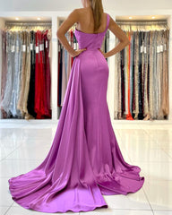 Beautiful Long Mermaid One Shoulder Satin Prom Dress