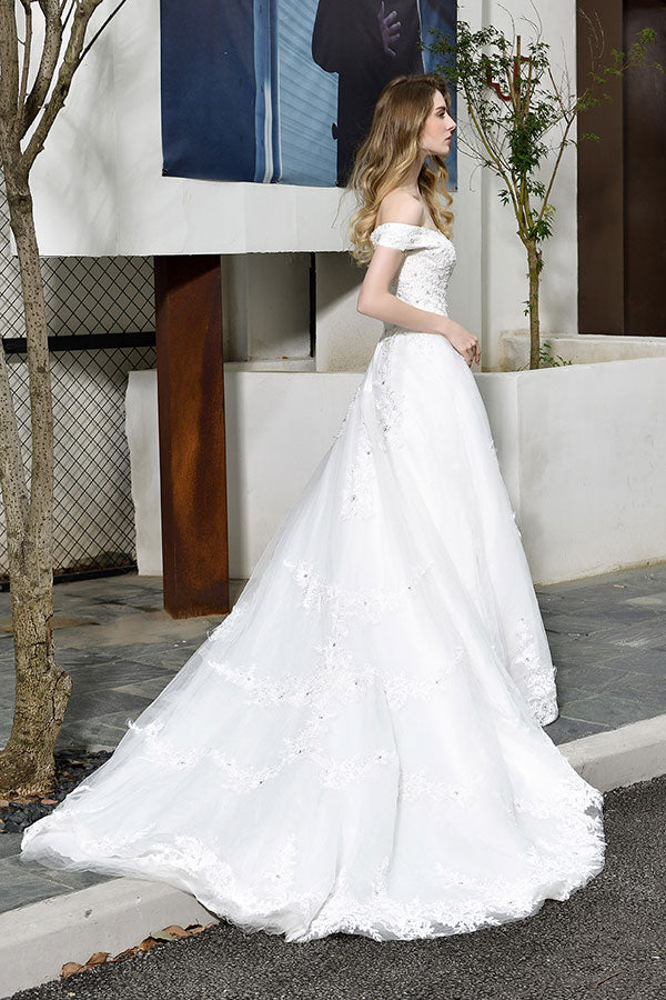 Gorgeous Long A-Line Lace Off Shoulder Satin Wedding Dress