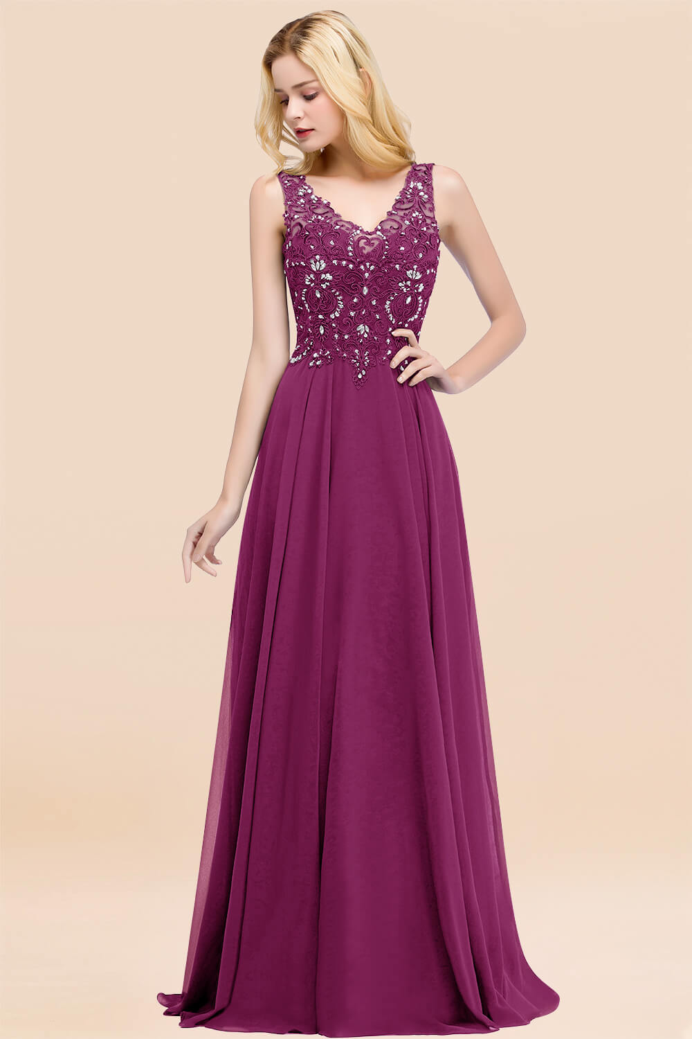 A-line Chiffon Appliques V-neck Sleeveless Floor Length Bridesmaid Dresses with Crystals