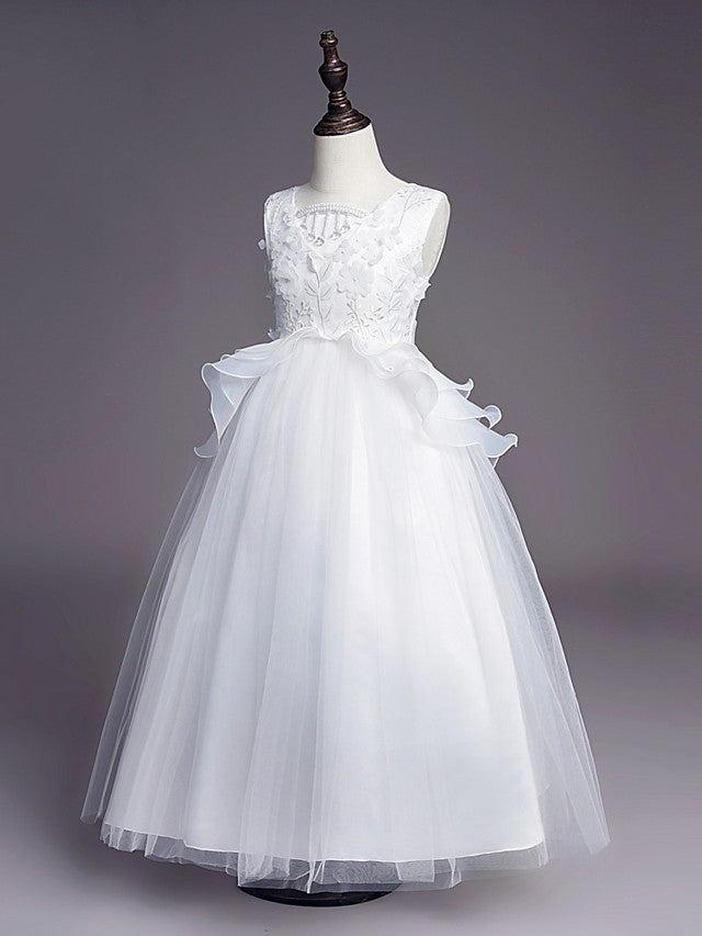 White Long A-line Tull Lace Sleeveless Jewel Neck Flower Girl Dresses