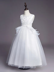 White Long A-line Tull Lace Sleeveless Jewel Neck Flower Girl Dresses