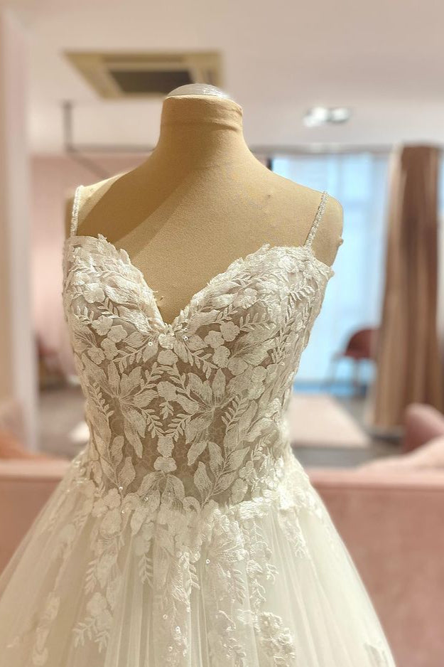 Long Spaghetti Straps Sweetheart Floral Lace Tulle A-Line Wedding Dress
