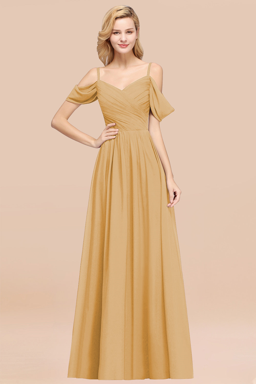 A-Line Chiffon V-Neck Spaghetti Straps Short Sleeves Floor Length Bridesmaid Dresses with Ruffles