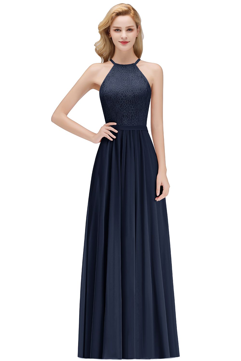 A-line Sleeveless Halter Long Lace Chiffon Bridesmaid Dresses