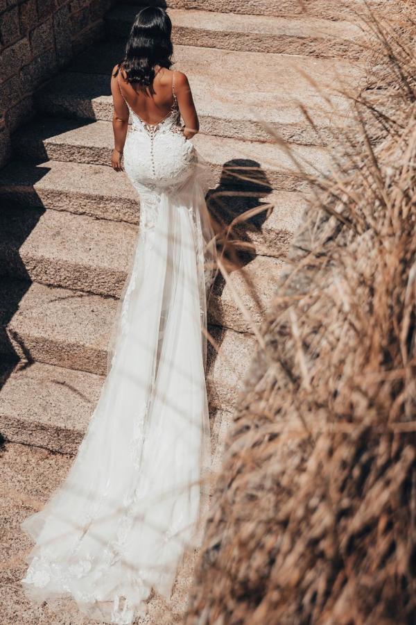 Sexy Long Mermaid Deep V-Neck Lace Tulle Backless Wedding Dress with Train
