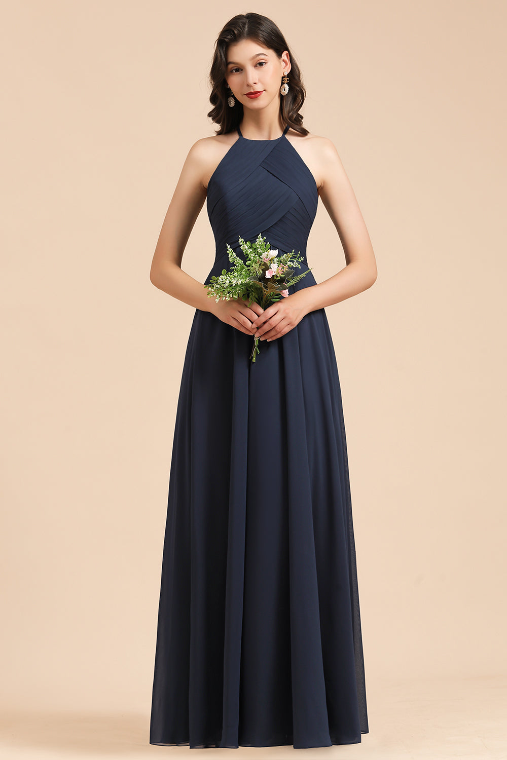 Long A-line Halter Chiffon Dark Navy Wedding Guest Dresses