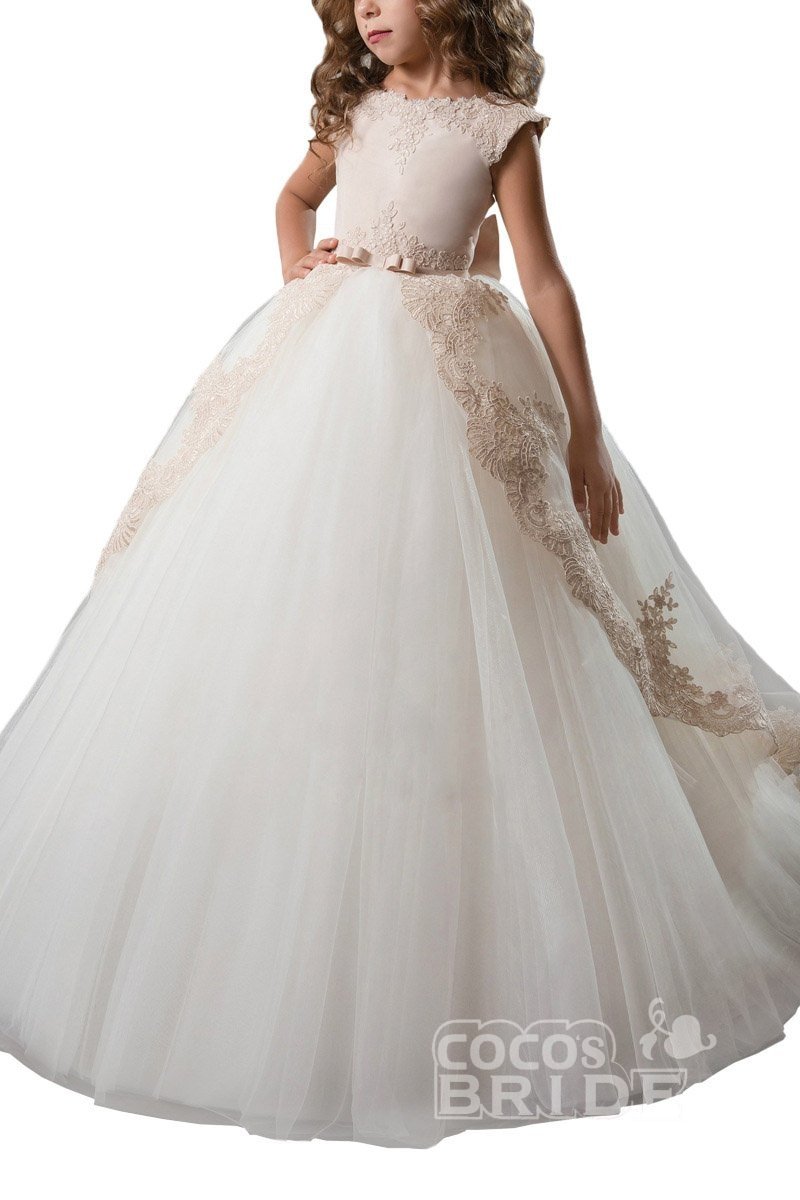 Long Tulle Scoop Neck Lace Ball Gown Flower Girl Dress