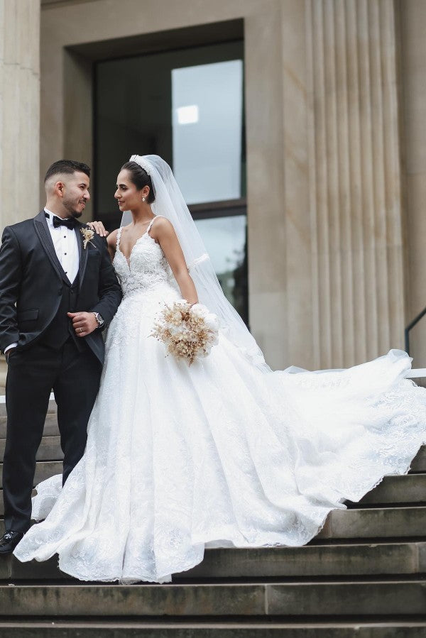 Charming Long Spaghetti Strap Sweetheart Floor Length Ball Gown Wedding Dress with Ruffles
