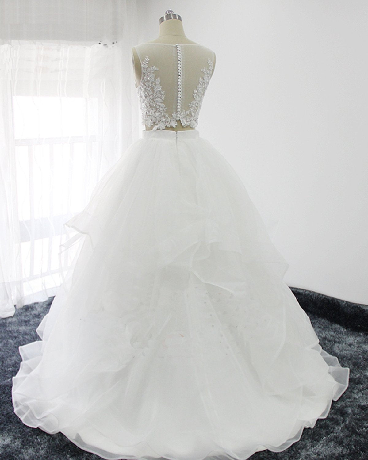 Elegant White Tulle Ball Gown Two Pieces Long Wedding Dress