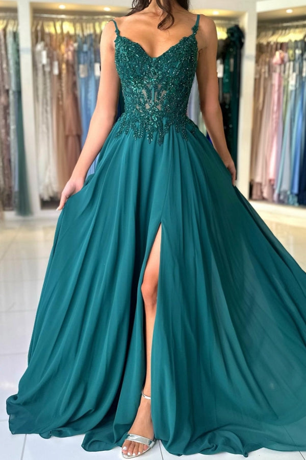 Elegant Long A-line Spaghetti Straps V-neck Chiffon Prom Dress with Silt