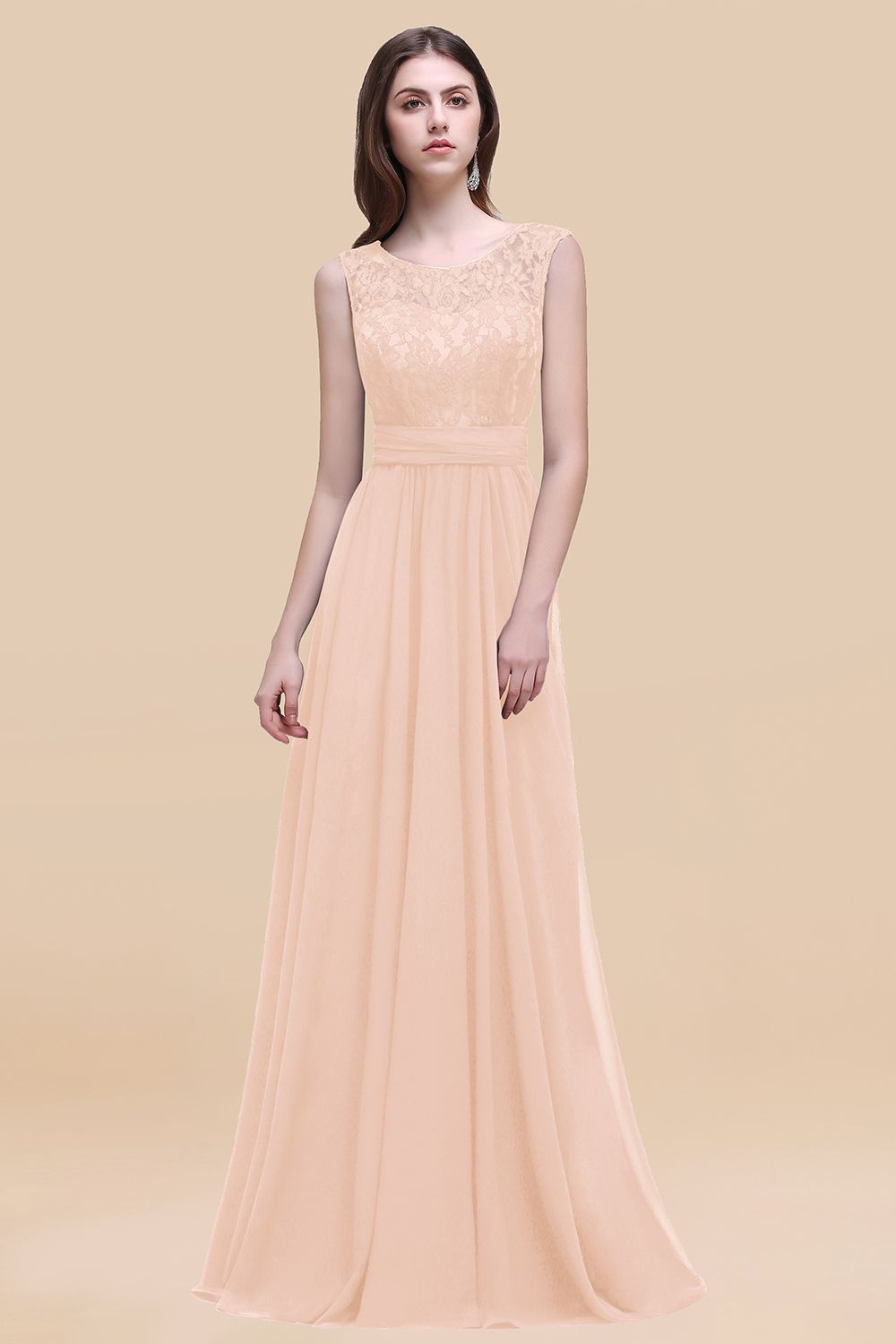 Elegant A-line Chiffon Lace Scoop Sleeveless Floor Length Bridesmaid Dress