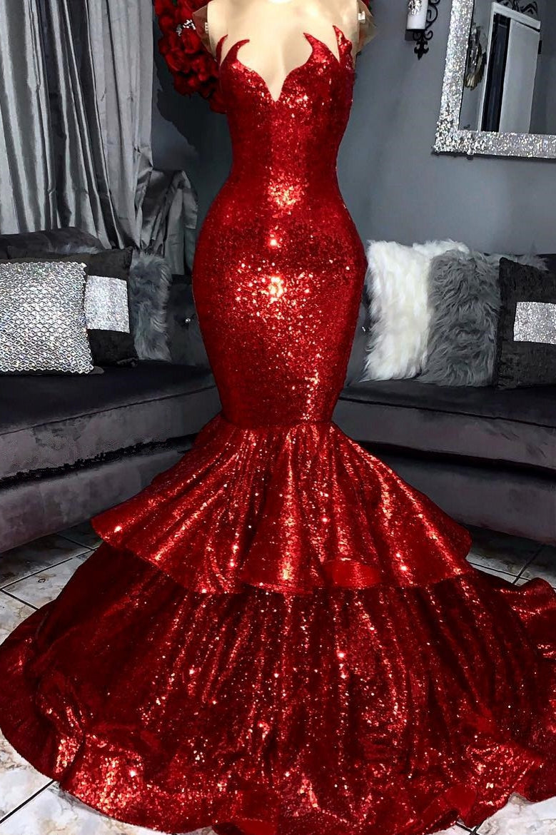 Sparkly Red Long Mermaid Sweetheart Sequin Prom Dress