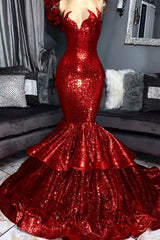 Sparkly Red Long Mermaid Sweetheart Sequin Prom Dress