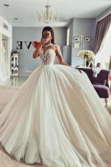 Gorgeous Jewel Long Sleeves Floor Length A-Line Lace Wedding Dress with Appliques