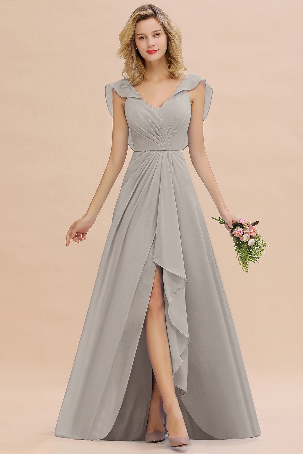 Simple High Low A-line V-Neck Ruffles Chiffon Silver Bridesmaid Dress