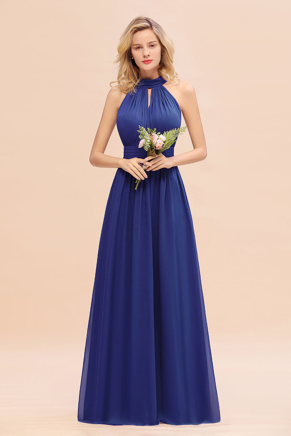 Dusty Sage Long High Neck Chiffon Bridesmaid Dresses with Ruffle