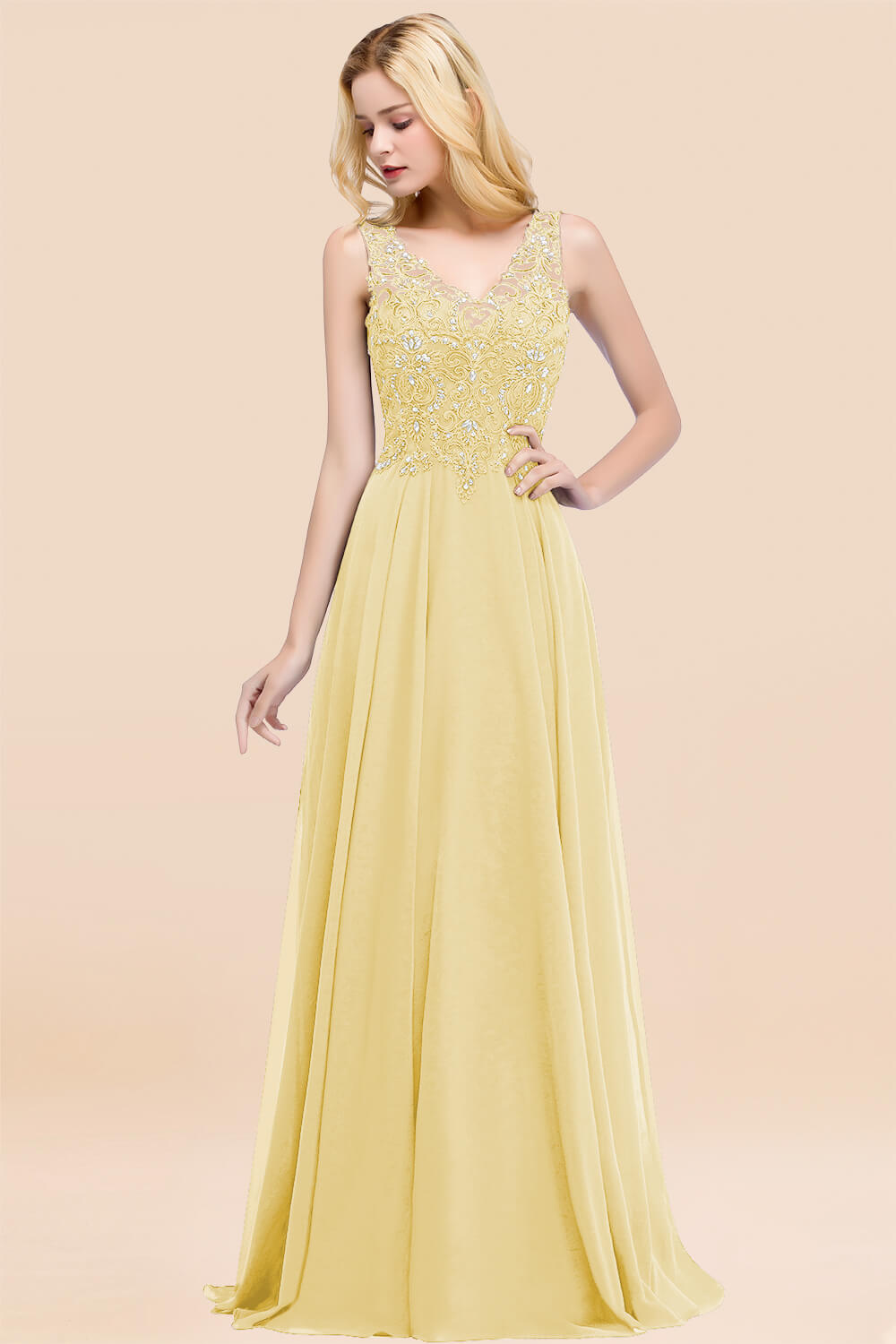 A-line Chiffon Appliques V-neck Sleeveless Floor Length Bridesmaid Dresses with Crystals