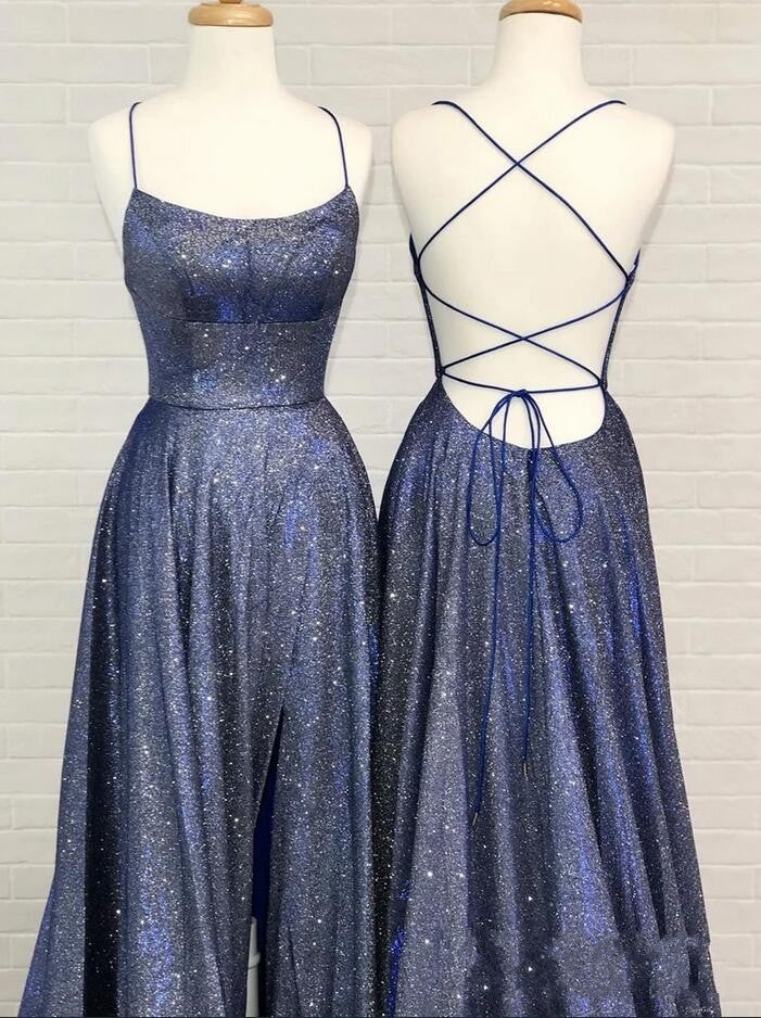 Sexy Long A-line Spaghetti Straps Backless Prom Dress with Slit