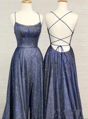 Sexy Long A-line Spaghetti Straps Backless Prom Dress with Slit