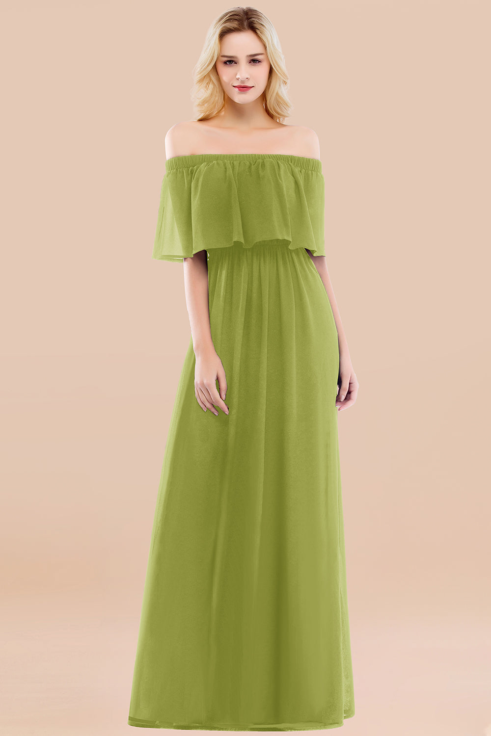 A-line Chiffon Off the Shoulder Short Sleeves Ruffles Floor Length Bridesmaid Dress