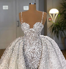 Long Sweetheart Sequins Mermaid Wedding Dress With Ruffles Train