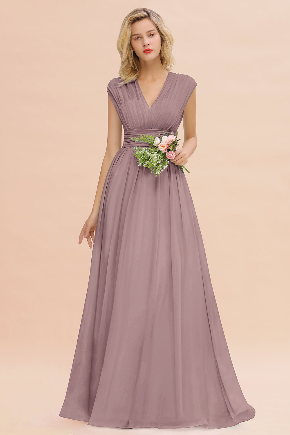 Chiffon V-Neck Sleeveless Elegant A-line Ruffles Bridesmaid Dress