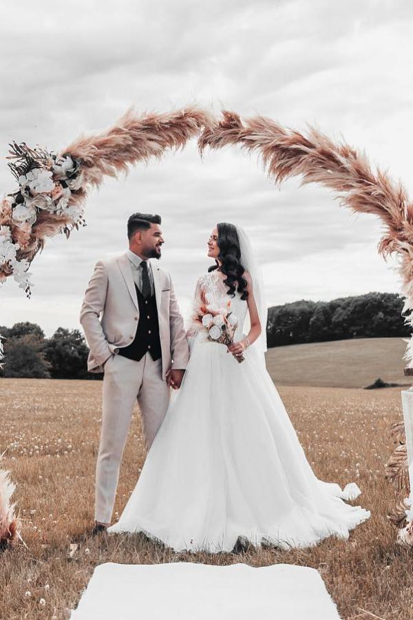 Modest Boho Long A-line One Shoulder Tulle Wedding Dress with Sleeves