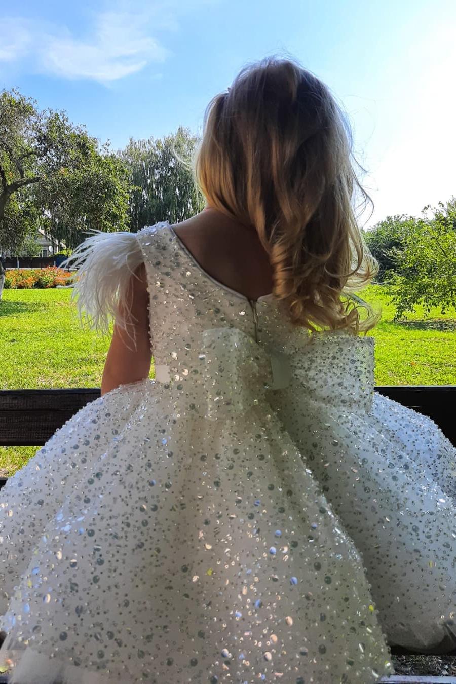 A-line White Glitter Sequins Short Flower Girl Dress with Bow and Feather