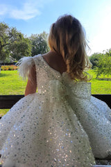 A-line White Glitter Sequins Short Flower Girl Dress with Bow and Feather