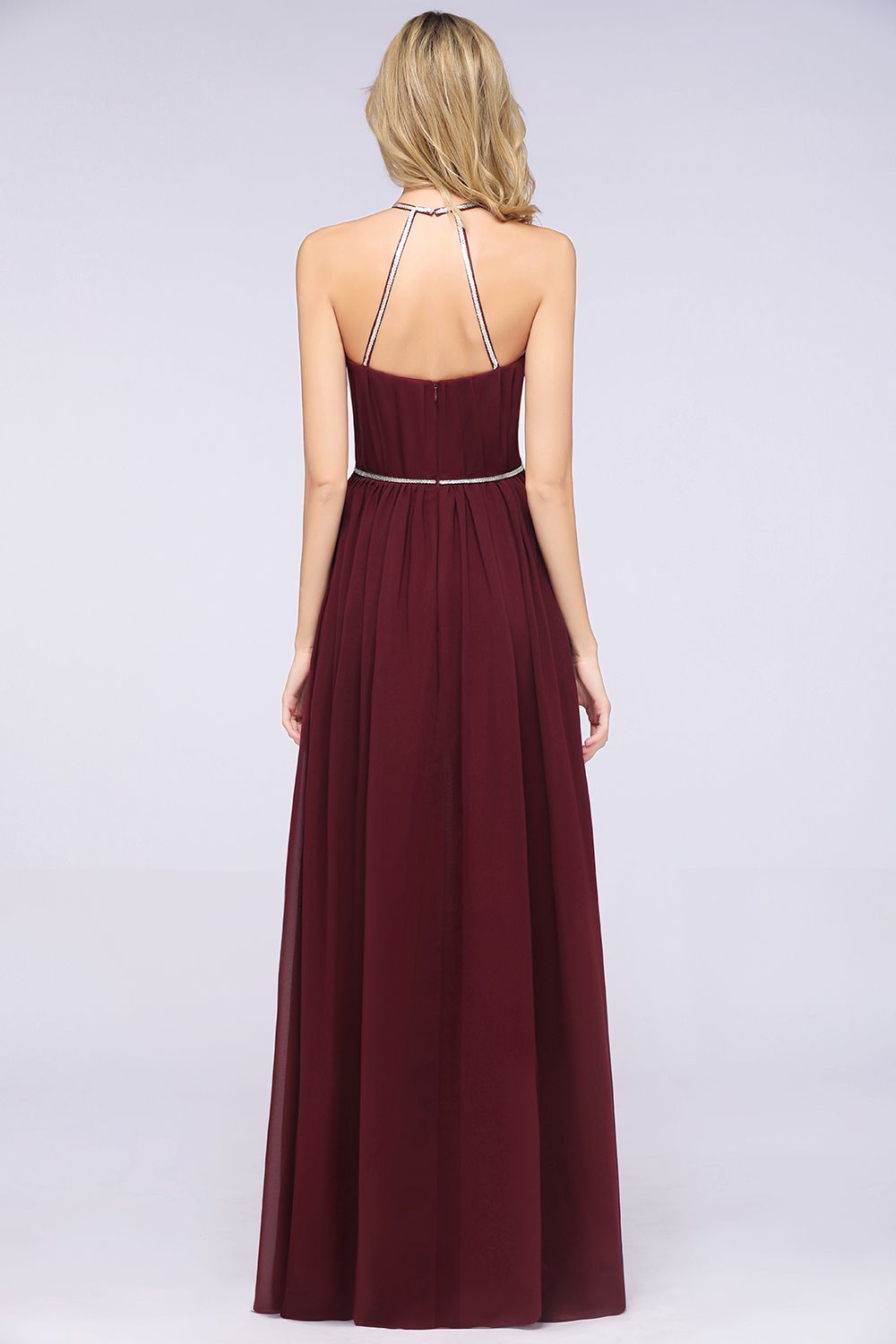 A-line Chiffon Halter Sleeveless Floor Length Bridesmaid Dress with Beading Sash