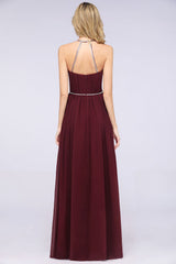 A-line Chiffon Halter Sleeveless Floor Length Bridesmaid Dress with Beading Sash